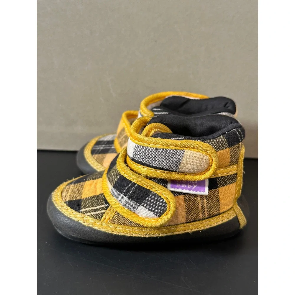 Hello Baby Infant Plaid Booties Yellow Black White Soft Sole Hook Loop‎ Shoes